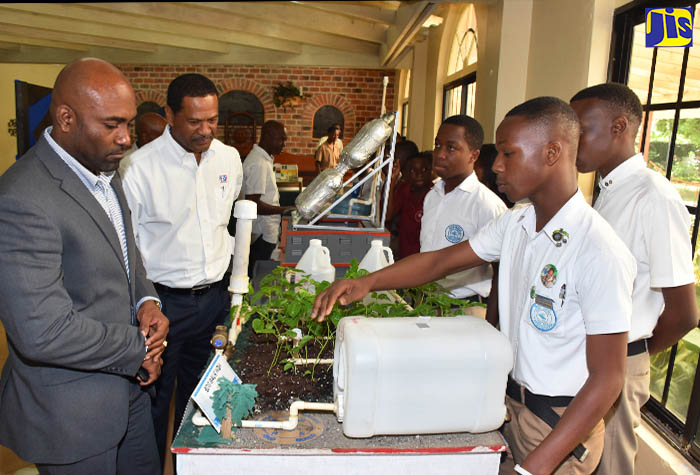 Science, Energy and Technology Minister, Dr. the Hon. Andrew Wheatley (left), and Petroleum Corporation of Jamaica (PCJ) Group General Manager, Winston Watson (2nd left), are briefed by student of Bog Walk High School in St. Catherine, Dujauni Haughton (right), on the institution’s entry in this year’s PCJ Schools’ Energy Competition during the awards ceremony at The Knutsford Court Hotel in Kingston on June 30. Others looking on are Bog Walk High students Jevaughn Allen (centre) and Leon Grant.
