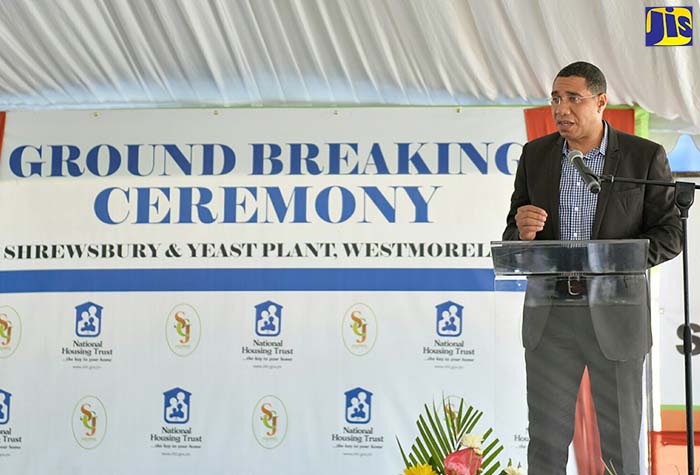  Prime Minister the Most Hon. Andrew Holness addresses a groundbreaking ceremony in Shrewsbury, Westmoreland on March 24.