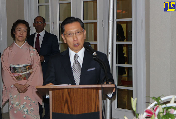 New Japanese Ambassador to Jamaica, His Excellency Hiromasa Yamazaki, speaks at a reception  at his residence in St. Andrew, to celebrate the 84th  birthday of  Emperor Akihito  of Japan, on December 6.