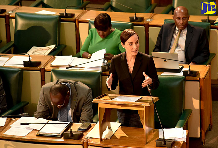 Minister of Foreign Affairs and Foreign Trade and Leader of Government Business in the Senate, Hon. Kamina Johnson Smith (standing), pilots the Road Maintenance Fund (Repeal) Bill in the Upper House on Friday (November 24). To the Minister’s  right is Minister of Education, Youth and Information, Senator the Hon. Ruel Reid. In the background are Senators Kerensia Morrison; and Deputy President of the Senate, Aubyn Hill.



