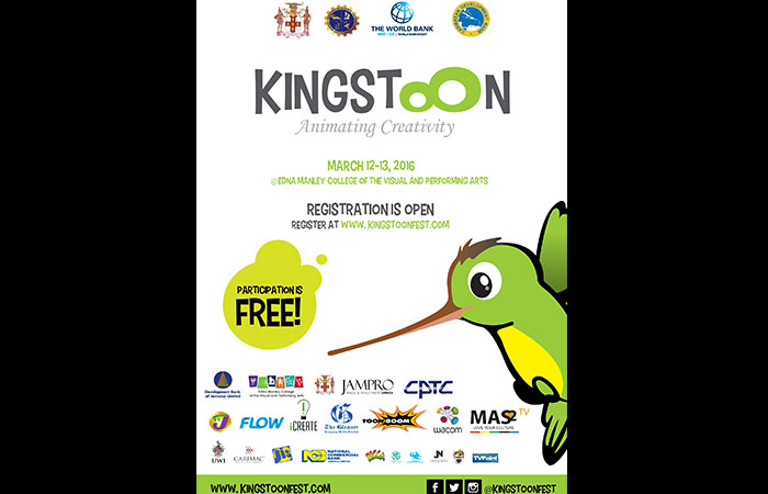 KingstOOn Animation Festival Poster. The Festival will be held from  March 12  to  13 at the Edna Manley School for the Visual and Performing Arts. 