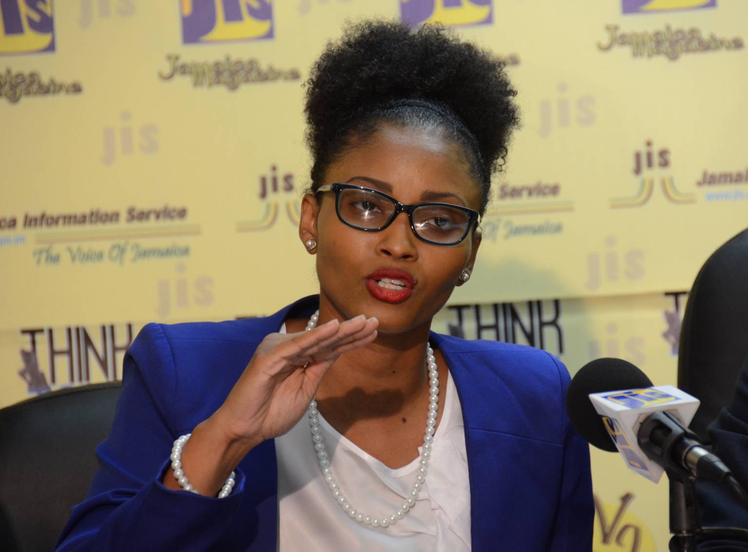 Director of Programmes at the National Youth Service, Naketa West, makes a point at a Jamaica Information Service (JIS) ‘Think Tank’ on June 16 at the agency’s head office in Kingston.