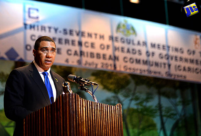 Prime Minister the Most Honourable Andrew Holness addressing the 37th regular meeting of the conference of the Heads of Government of the Caribbean Community(CARICOM) in Georgetown Guyana. The conference is being held from July 4-6.