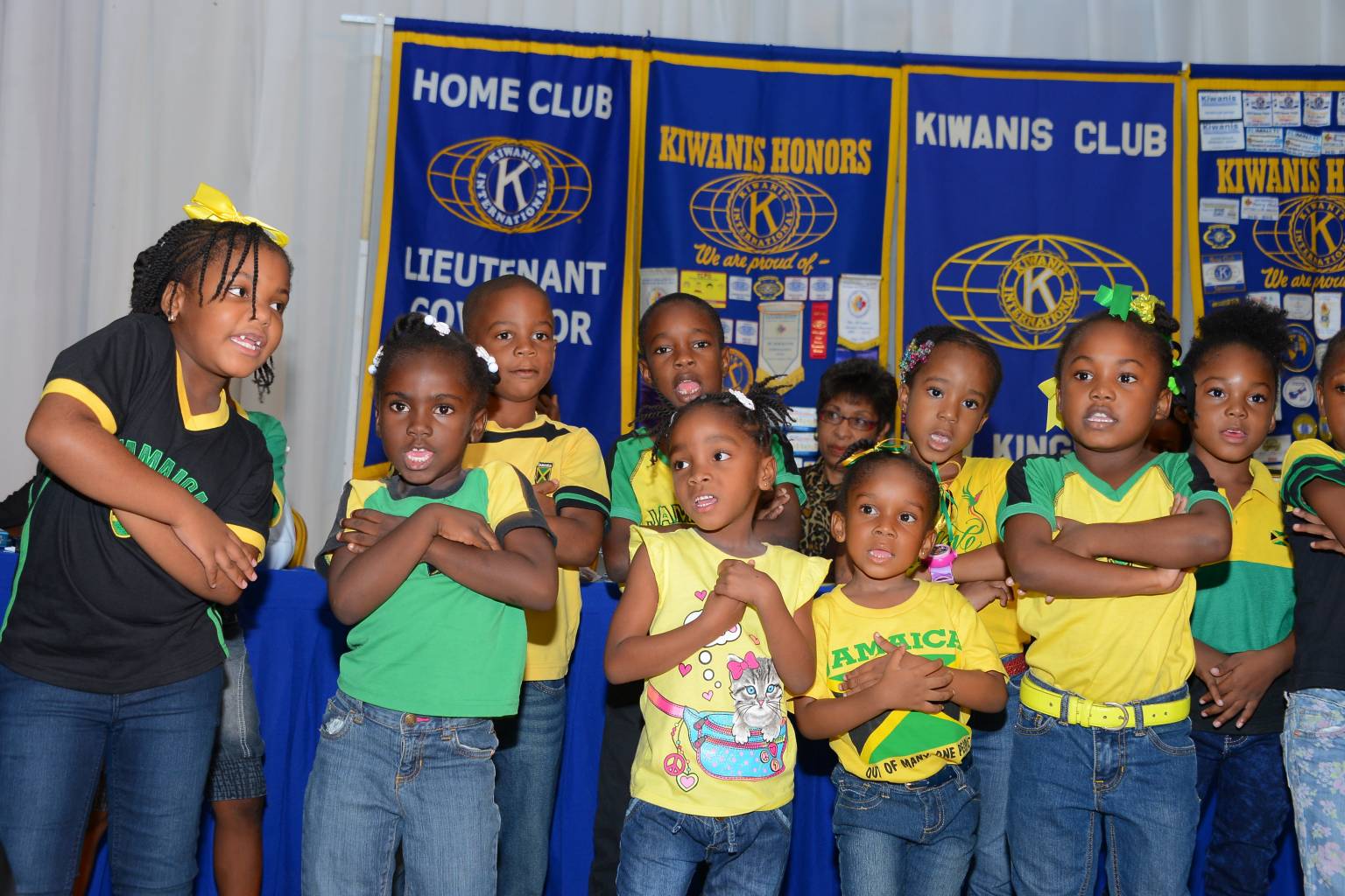 Students from the Citizens Advice Bureau Basic School perform an item at the launch of the Kiwanis Club of New Kingston’s spelling event, ‘Little Bee Competition’, held at the Police Officers Club, Hope Road,  on March 30.
