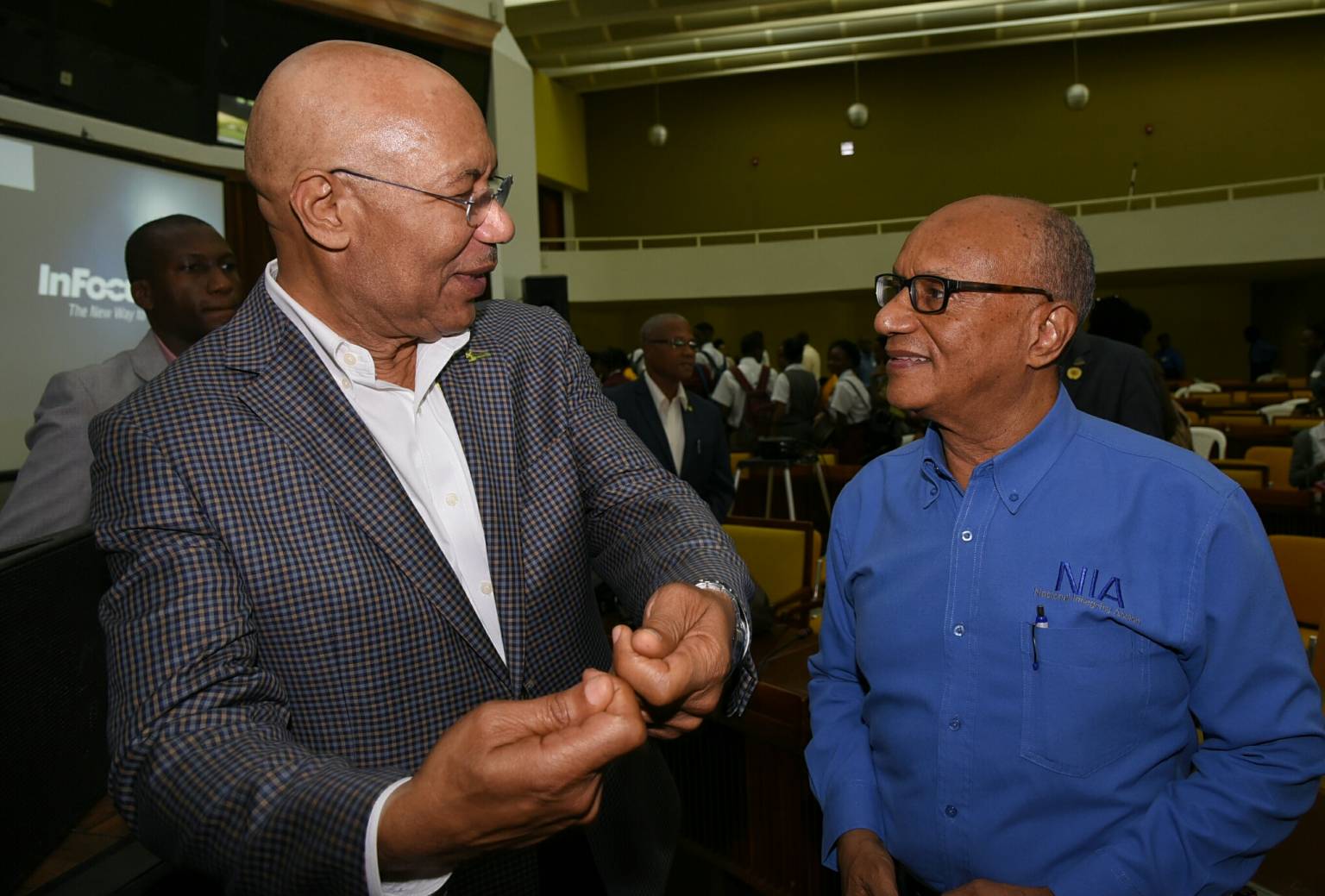 Governor-General, His Excellency the Most Hon. Sir Patrick Allen (left), in discussion with Executive Director, National Integrity Action, Professor Trevor Munroe, at the 2017 National Youth Consultative Conference at the Jamaica Conference Centre in downtown Kingston, on October 5