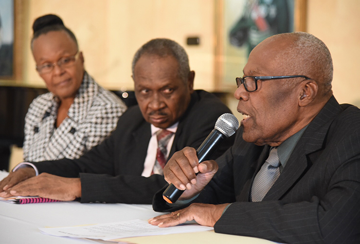 Chairman of the National Prayer Vigil Committee, Rev. Dr. Roy Henry (right), addresses the launch of the 25th annual National Prayer Vigil on November 15 at King’s House. The Vigil is to be held on Sunday, December 10 on the grounds of King’s House from 6:00 p.m. to 9:00 p.m. Others (from left) are Chair of the Jamaica Pentecostal Union Apostolic, Dr. Patricia Holmes, and Chairman of the National Prayer Vigil Public Relations Committee, Evangelist Errol Rattray. 