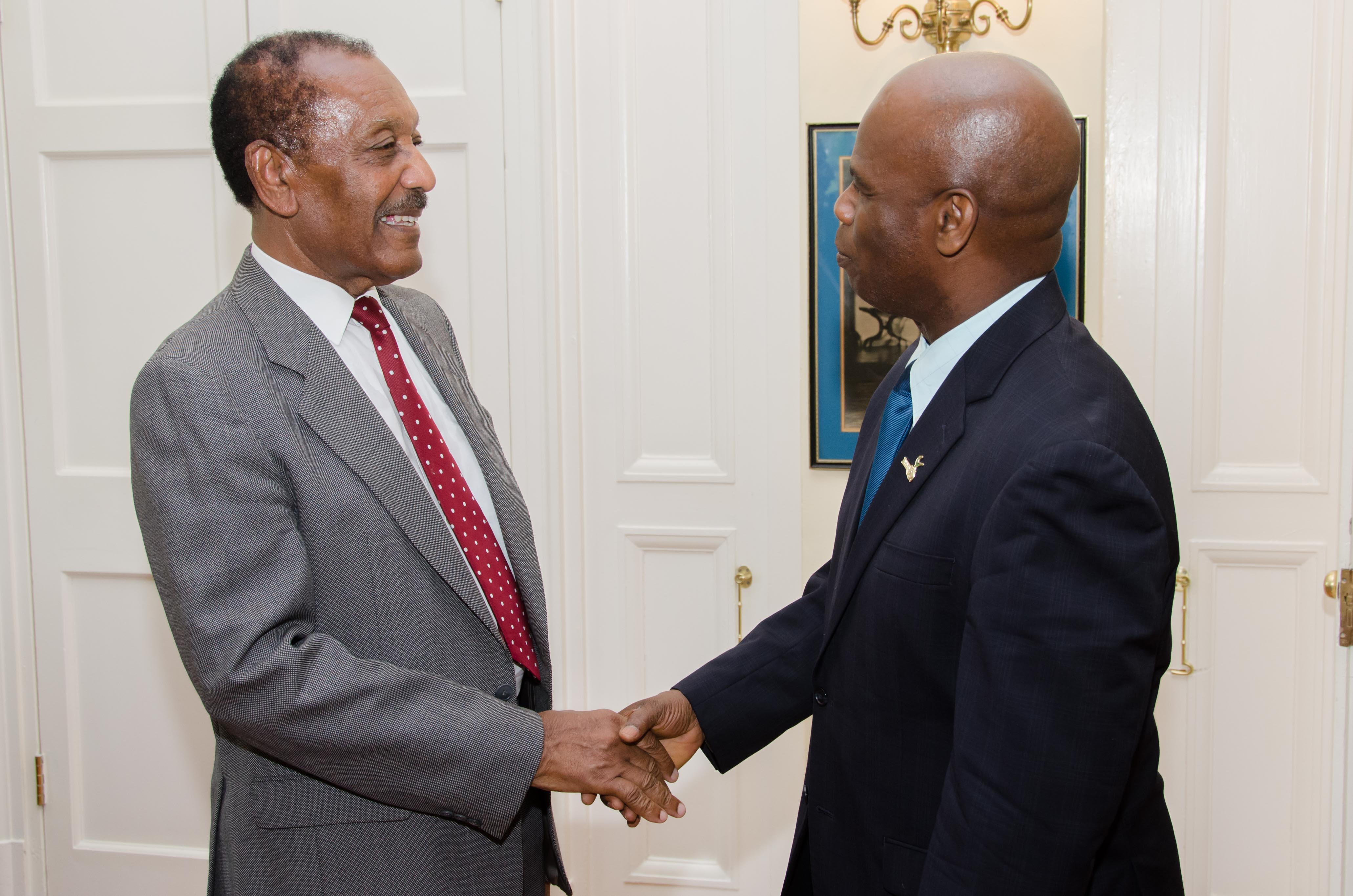 Deputy Governor-General, Hon. Steadman Fuller (right), greets Mayor of Lambeth, London, England, Rudy Daley (left), who called on him  at King’s House on August 18. 