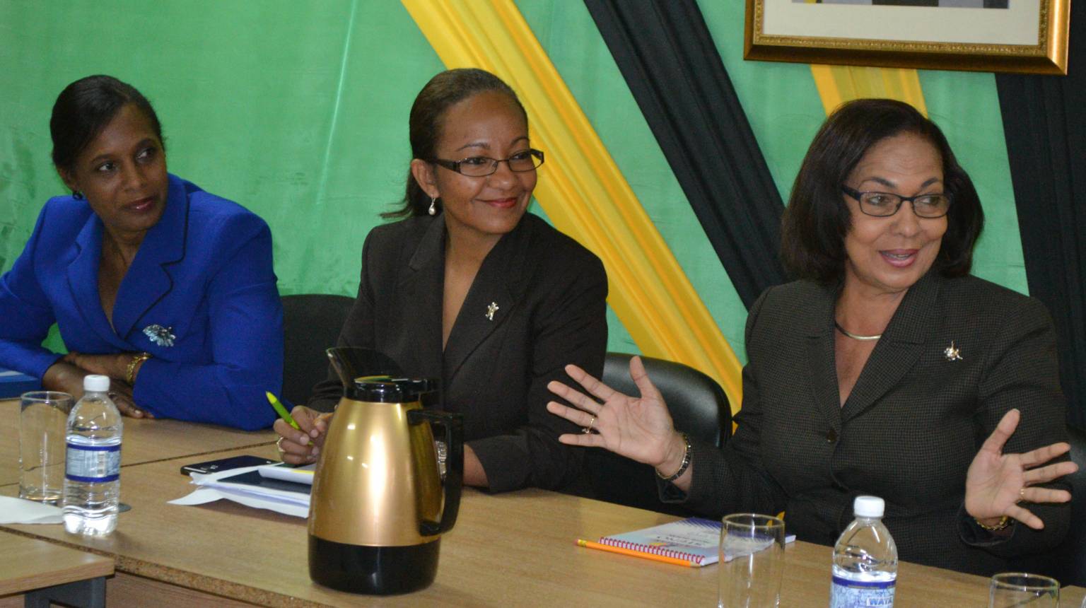 WOMAN MINISTER AT LABOUR & SOCIAL SECURITY
A light moment as Permanent Secretary in the Ministry of Labour and Social Security, Mrs. Colette Roberts Risden (second left) introduces newly-appointed Minister, Honourable Shahine Robinson (second right) to members of staff at the Ministry's North Street offices yesterday (March 9, 2016). Sharing in the occasion are  Chief Technical Directors, Mrs. Dione Jennings (Social Security Division) and Mr. Damian Cox (Labour Division).
