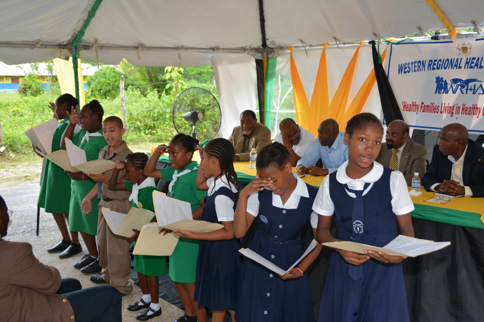 Students of the Williamsfield All Age School in Westmoreland, performing a poem on the Chikungunya disease, during the official opening and handing over of the upgraded Williamsfield Health Centre in Westmoreland, on October 3.