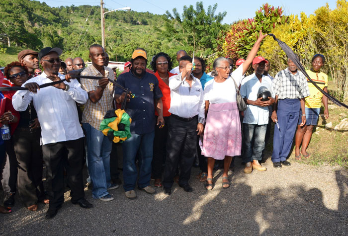 Local Government and Community Development Minister, Hon. Noel Arscott (fourth left),  cuts ribbon to  officially open the rehabilitated Frazer to Donegal main road near New Market in St. Elizabeth, on August 4. Others (from left) are: Mayor of Black  River,  Councillor Everton Fisher;  Councillor for the Malvern Division, Darren Powell  and Councillor for the New Market Division, Cyril Martin. The road was repaired at a cost of $8 million.