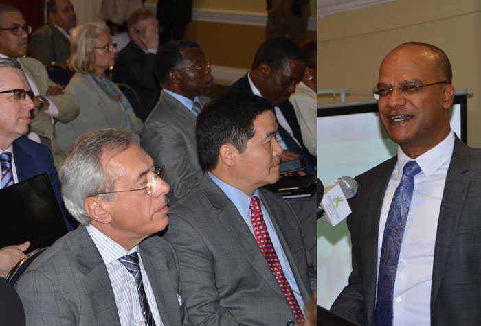 Minister of National Security, Hon. Peter Bunting (right), addresses members of the diplomatic community yesterday (Feb. 11), during a meeting at the Knutsford Court Hotel in New Kingston. 