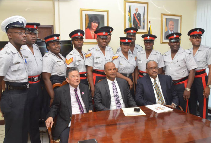 Area finalists for the LASCO/ Jamaica Constabulary Force (JCF) Police Officer of the year award, pay a courtesy call on Minister of National Security, Hon. Peter Bunting (seated centre) on March 10 at the Ministry. Also present are Major General (Retired) Stewart Saunders (seated right); and Executive Chairman of LASCO, Hon. Lascelles Chin (seated left).
