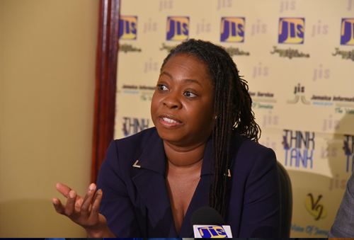 Head of the Cyber Incident Response Team (CIRT), Dr. Moniphia Hewling, addresses a recent Think Tank at the Jamaica Information Service (JIS) headquarters in Kingston.