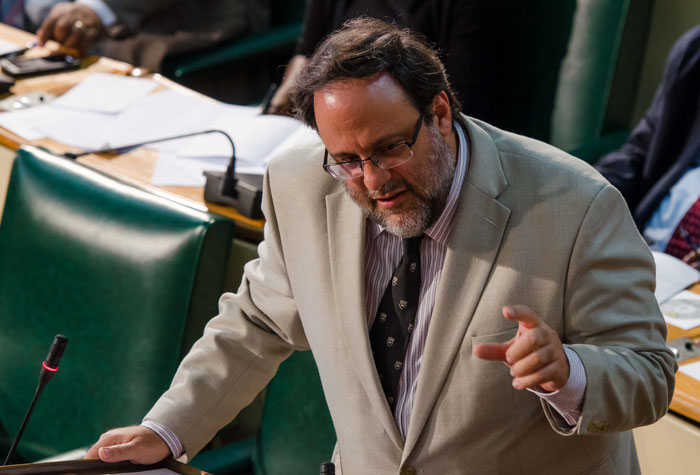Justice Minister, Senator the Hon. Mark Golding, emphasizing a point, during Friday’s (July 3) debate on the Income Tax (Amendment) Act, 2015, in the Senate.