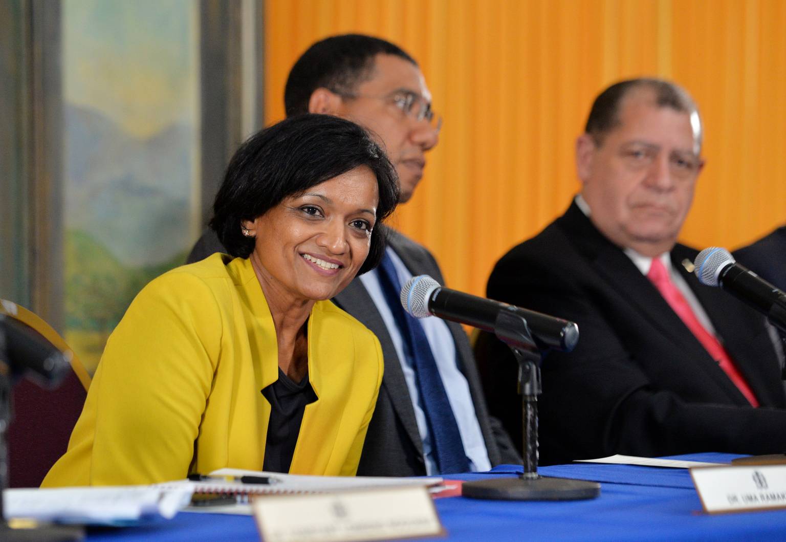 Prime Minister, the Most Hon. Andrew Holness (centre), and Finance and the Public Service Minister, Hon. Audley Shaw (right), listen as Head of the  International Monetary Fund (IMF) Mission Team to Jamaica, Dr. Uma Ramakrishnan, outlines details of the second review conducted under the IMF