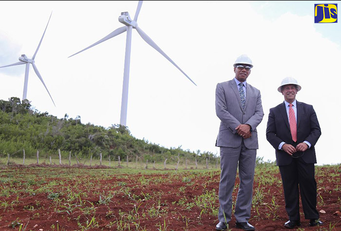 Prime Minister, the Most Hon. Andrew Holness (left), and Chief Executive Officer of BMR Jamaica Wind, Bruce Levy, during a tour of the company’s plant in Malvern, St. Elizabeth, on November 8.