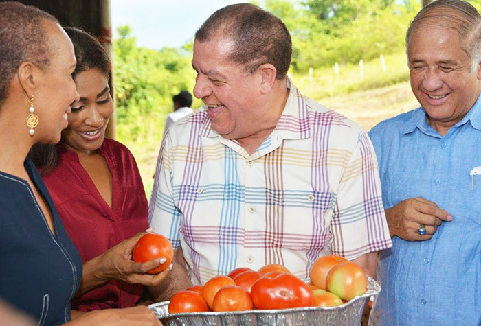 Minister of Finance and the Public Sector, Hon. Audley Shaw (third left), share a tomato with Member of Parliament for South East St. Ann, Lisa Hanna (second left) at the Schwallenburgh Greenhouse Cluster and Water Harvesting Project in Rio Hoe, St. Ann on September 15. Observing from left are: State Minister in the Ministry of Finance and the Public Service, Hon. Fayval Williams  and Executive Director of the Jamaica Bauxite Institute, Parris A. Lyew-Ayee.