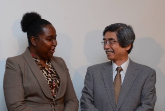 Chief Education Officer in the Ministry of education, Youth and Information, Dr. Grace McLean (left), in discussion with Ambassador of Japan to Jamaica, His Excellency Masanori Nakano during the launch of the ‘Calculation Time’ Mathematics  application (app), at the Courtleigh Hotel and Suites in New Kingston, on April 29. The app is a methodology used under the ‘Calculation Time’ programme, which aims to make learning Mathematics fun for students. It is a collaborative effort between the Governments of Jamaica and Japan.