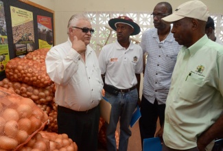 Minister of Industry, Commerce, Agriculture and Fisheries, Hon. Karl Samuda (left), emphasizes a point to Minister without Portfolio, Hon. J.C. Hutchinson (right), during the Ministry’s field day exercise for farmers in Colbeck, St. Catherine, on Tuesday, April 12. Also listening, from 2nd left, are: the Ministry’s Director General, Don McGlashan; and President of the Colbeck Water Users Association, Emile Spence.