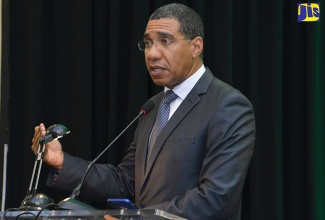 Prime Minister, the Most Hon. Andrew Holness, addressing stakeholders during a function at the Jewel Grande Hotel in Rose Hall, St. James, on Saturday, April 28.