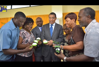 Prime Minister, the Most Hon. Andrew Holness (centre), and Science, Energy and Technology Minister, Dr. the Hon. Andrew Wheatley (third left), examine solar lanterns that were handed over to seven constituencies at the Office of the Prime Minister in St. Andrew, on April 30. Also examining the lanterns (from left) are Zavia Walker, Kathleen Grant, Jean Dallas, Sandra LaTouche and Samuel Williams, representing the various constituencies.