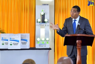 Prime Minister, the Most Hon. Andrew Holness, addresses handover ceremony for solar lanterns to seven constituencies, at the Office of the Prime Minister in St. Andrew on April 30. 