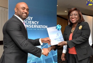 Science, Energy and Technology Minister, Dr. the Hon. Andrew Wheatley (left), presents a copy of the Energy Efficiency and Conservation Standards Guide to Training Coordinator at the Bureau of Standards Jamaica (BSJ), Sonia Morgan, at the launch of the guide at The Jamaica Pegasus hotel in New Kingston on February 21. 