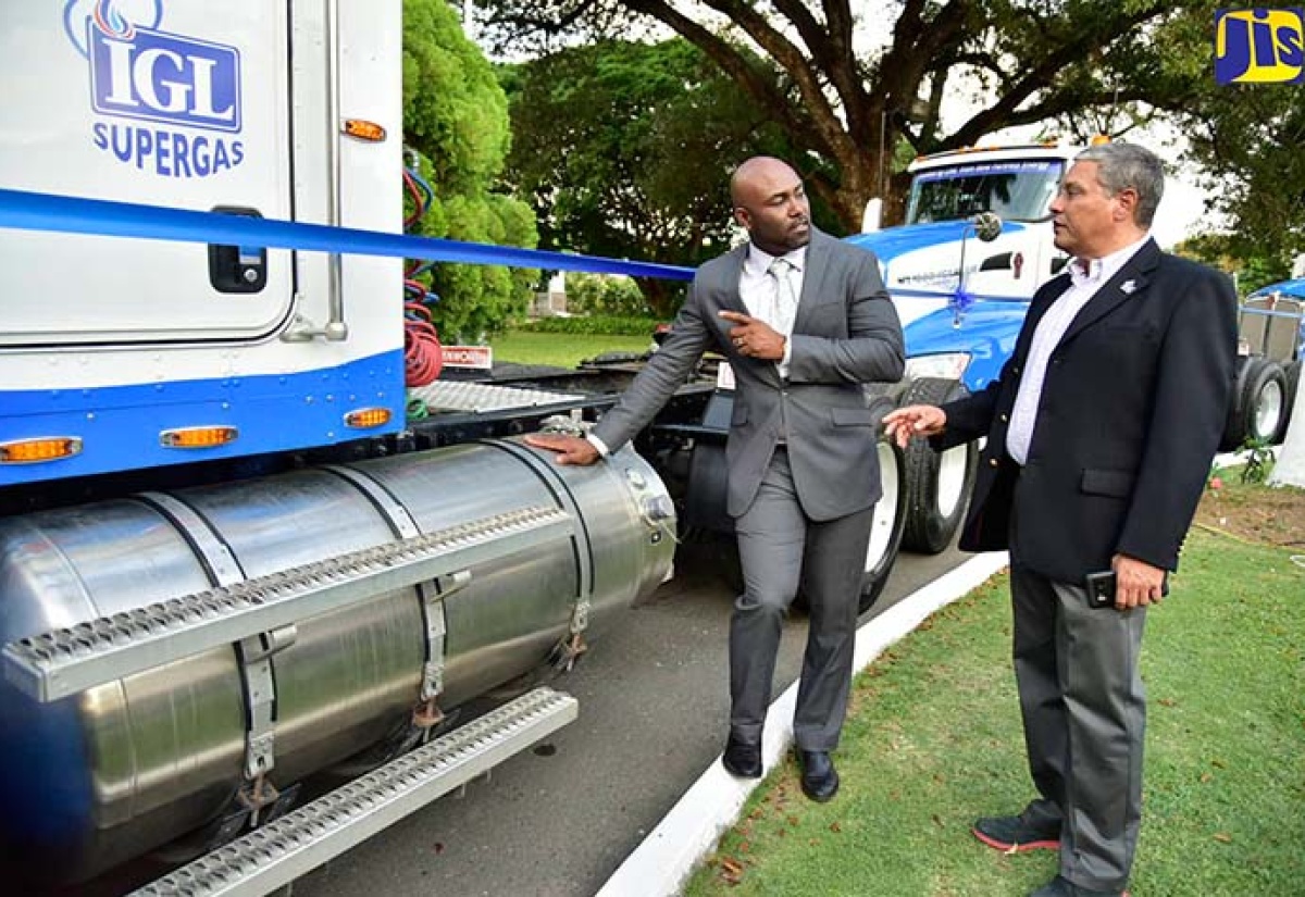 : Science, Energy and Technology Minister, Dr. the Hon. Andrew Wheatley (left),  speaks with General Manager of IGL Limited, Wayne Kirkpatrick, about the company’s liquefied natural gas (LNG) tractor heads at the launch at Devon House, St. Andrew, on April 4.