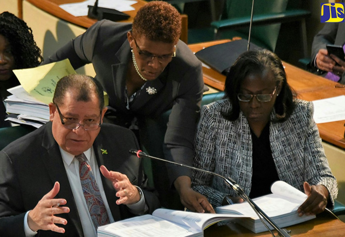 Minister of Finance and the Public Service, Hon. Audley Shaw (left), makes a point during the Standing Finance Committee meeting in the House of Representatives on February 28. At right is Financial Secretary, Darlene Morrison, and at centre is Deputy Financial Secretary, Lorris Jarrett. 