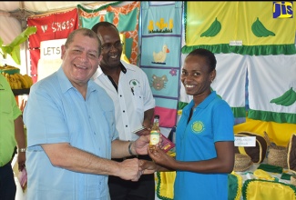 Industry, Commerce, Agriculture and Fisheries Minister, Hon. Audley Shaw (left), accepts a bottle of banana wine from the Jamaica 4-H Clubs Parish Manager for St. James, Keisha McNeill (right), during a tour of parish booths at the Jamaica 4-H Clubs’ 2018 National Achievement Expo, held at the Denbigh Agricultural Showground in Clarendon, on April 27. At centre is Executive Director of the Jamaica 4-H Clubs, Dr. Ronald Blake.