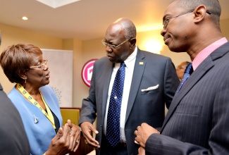 Health Minister, Hon. Dr. Fenton Ferguson (centre), and State Minister for Foreign Affairs and Foreign Trade, Hon. Arnaldo Brown (right),  in discussion with Diaspora Health Care Lead Delegate from the United Kingdom, Celia Grandison Markey, during Tuesday’s (June 16) Victoria Mutual Building Society (VMBS)-sponsored power breakfast, held at the Hilton Rose Hall Resort in Montego Bay, St. James. The breakfast formed part of activities scheduled for this year’s sixth staging of the Biennial Diaspora Conference from June 13 to 18, at the Montego By Convention Centre, under the theme: ‘Jamaica and the Diaspora: Linking for Growth and Prosperity’.