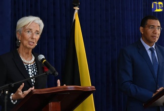 Prime Minister, the Most Hon. Andrew Holness (second left), along with (from left): International Monetary Fund (IMF) Managing Director, Christine Lagarde; Grenada’s Prime Minister, Hon. Dr. Keith Mitchell; and Bahamas Deputy Prime Minister and Finance Minister, Peter Turnquist, during the Heads of Government panel discussion on ‘Challenges and Opportunities in the Caribbean’ at The Jamaica Pegasus hotel in New Kingston on Thursday, November 16. The panel discussion was one of four convened during the sixth IMF High Level Caribbean Forum, which was held at The Jamaica Pegasus on Thursday under the theme ‘Unleashing Growth and Strengthening Resilience in the Caribbean’.