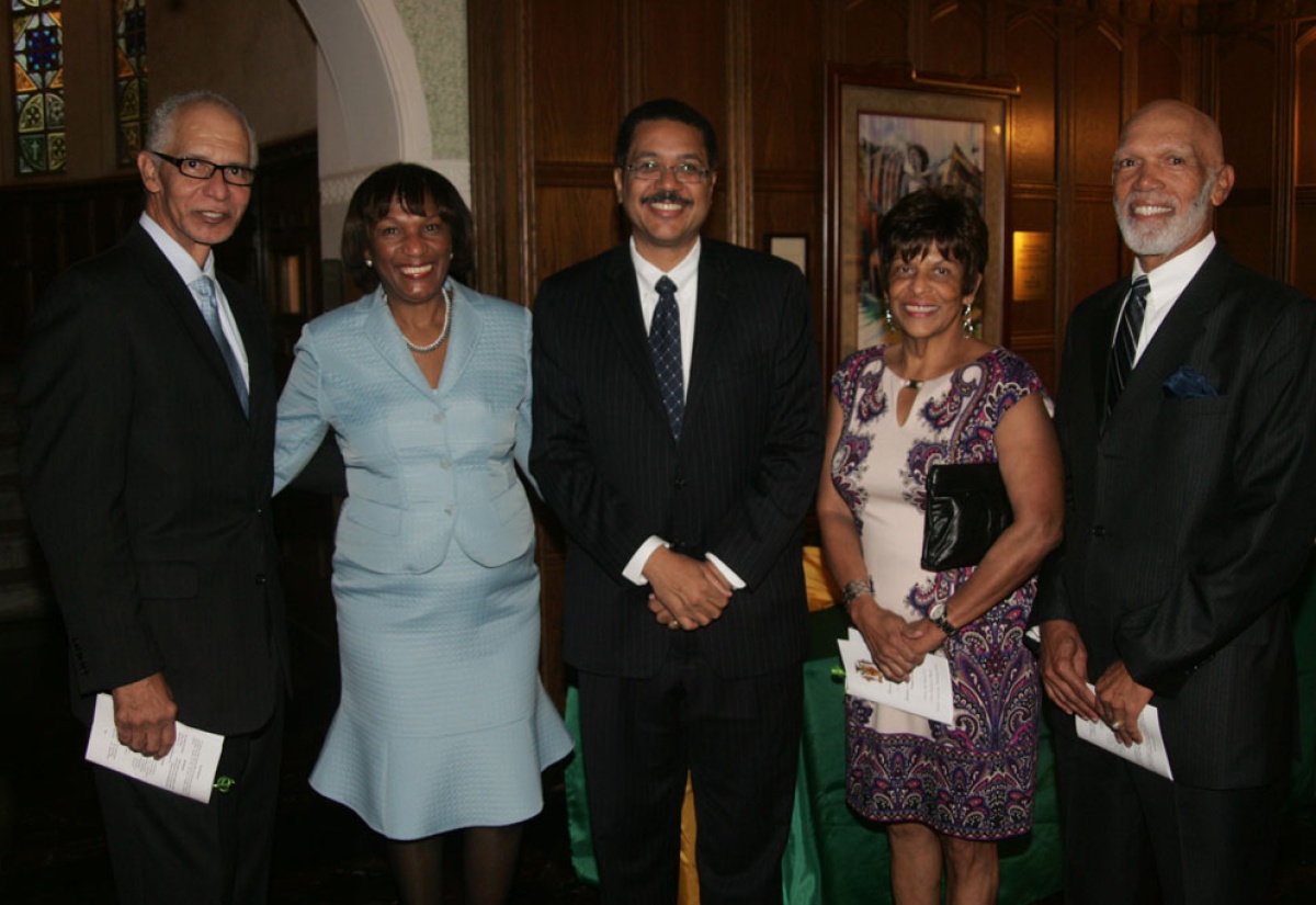 Jamaica’s Ambassador to the United States, His Excellency Stephen Vasciannie (centre); shares a light moment with Former Jamaica Defence Force (JDF) Chief of Staff, General John Saunders (right), and wife Joan Saunders (second right); and former Ambassador to the United Nations, Curtis Ward (left) and Mrs. Ward; at the service of celebration in commemoration of Jamaica’s 51st anniversary of Independence at Dunbarton Chapel, Howard University in Washington DC, on August 4, 2013. 