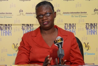 Deputy Director General at the Planning Institute of Jamaica (PIOJ) in charge of Sustainable Development and Social Planning, Claire Bernard, provides an update on the Government of Jamaica Adaptation Fund Programme (GOJ/AFP) at a JIS Think Tank on April 2, 2015.