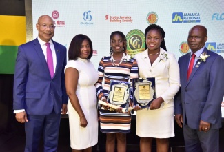 Governor-General, His excellency the Most Hon. Sir Patrick Allen (left); the Most Hon. Lady Allen (second left), and Custos of Kingston, Hon. Steadman Fuller (right), with two of  the 2018 recipients of the Governor-General Achievement Awards for the County of Surrey, Dr. Tameka Stephenson (third left) and Abigail Scarlette. The ceremony was held at the Terra Nova All-Suite Hotel in St. Andrew on April 26. 