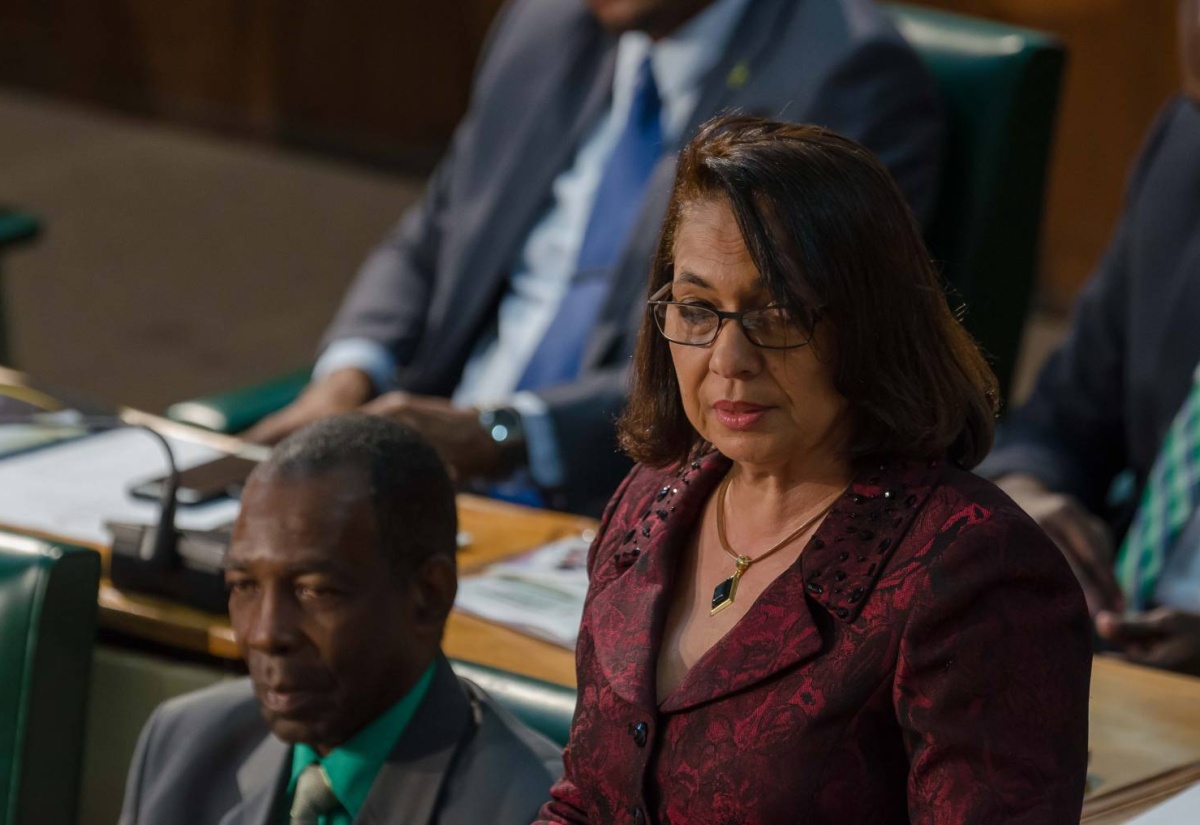 Minister of Labour and Social Security,  Hon. Shahine Robinson, giving details of reform activities by the NIS during her contribution in the 2017/18 Sectoral Debate in the House on April 26.  Seated is Minister without Portfolio in the Ministry of Industry, Commerce, Agriculture and Fisheries, Hon. J.C. Hutchinson.