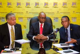 Deputy Board Chairman,  Jamaica Civil Aviation Authority (JCCA),  Wilford “Billy” Heaven (right), assures of the entity’s commitment to the welfare of workers, during a JIS Think Tank on Friday (September 7). Others (from left) are: JCAA Director General, Nari Williams-Singh; and Board Chairman,  B. St. Michael Hylton. 