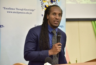 Minister of State in the Ministry of Culture, Gender, Entertainment and Sport, Hon. Alando Terrelonge, addressing the opening ceremony for the 8th annual Caribbean Conference on Sport Sciences at the University of Technology (UTech) Old Hope Road campus in St. Andrew on April 13, where he represented Portfolio Minister, Hon. Olivia Grange.