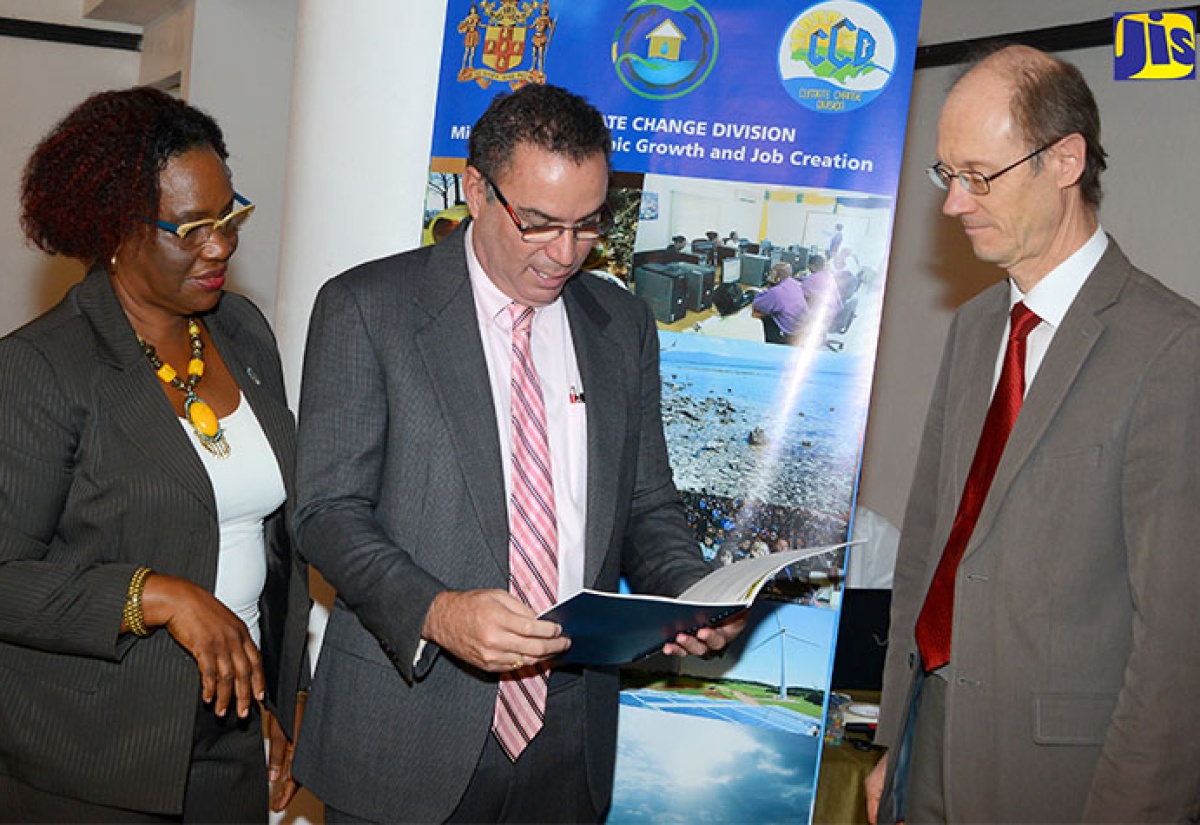 Minister without Portfolio in the Ministry of Economic Growth and Job Creation, Hon. Daryl Vaz (centre), looks through a document during the opening ceremony for a five-day training workshop for the Climate Change Focal Point Network at the Altamont Court Hotel in Kingston on January 23. Others (from left) are: Principal Director, Climate Change Division, Una May Gordon; and Consultant, German Federal Enterprise for International Cooperation (GIZ), Albert Eberhardt.