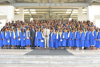 Minister of Tourism, Hon. Edmund Bartlett (8th left, front row) and Minister of Education, Youth, and Information, Senator the Hon. Ruel Reid (12th left, front row), are with the first cohort of participants to be certified under the Jamaica Centre of Tourism Innovation (JCTI) programme. The inaugural graduation ceremony took place at the Montego Bay Convention Centre, Rose Hall, St. James, on Sunday, April 8.

