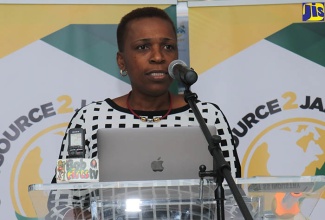 Senior Vice-President, Port Authority of Jamaica (PAJ), Elva Williams-Richards, addresses the media launch of the inaugural Outsource2Jamaica Expo & Symposium on February 8 in Freeport, Montego Bay. The event will be held from April 11 to 13 at the Montego Bay Convention Centre, St. James.