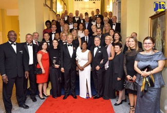 Their Excellencies, Governor-General, the Most Hon. Sir Patrick Allen (fifth left) and Lady Allen (sixth right), with members of the Diplomatic Corps following a cocktail reception and dinner at King’s House on February 22. Also pictured are Minister of Foreign Affairs and Foreign Trade, Senator the Hon. Kamina Johnson Smith (fourth left) and Dean of the Diplomatic Corps, His Excellency Dr. José Tomás Ares Germán (fifth right).