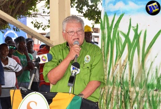 Minister of Industry, Commerce, Agriculture and Fisheries, Hon. Karl Samuda, addresses sugar stakeholders at the Long Pond Sugar Factory in Clark’s Town, Trelawny during a tour of the facility on Friday (July 8).