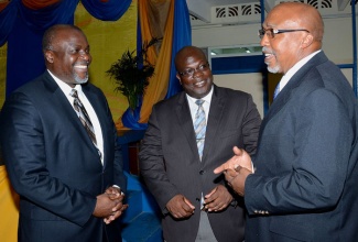 Chief Ideator, The JobBank, Dr. Leahchim Semaj (right), is in light conversation with Acting Director/ Principal of the Portmore HEART Academy, Andrew Walters (left), and Senior Director, Workforce Development and Employment Division, HEART Trust/NTA, Denworth Finnikin. Occasion was the closing ceremony for the Alternative Livelihoods and Skills Development Project held on December 5, at the Garmex HEART Academy in Kingston.