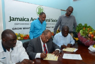 Permanent Secretary in the Ministry of Industry, Commerce, Agriculture and Fisheries, Donovan Stanberry  (left), looks on as President of the United States (US)-based National Association of Christian Educators (NACE), Dr. Amos Jones (seated, second left),  and President of the Jamaica Agricultural Society (JAS), Norman Grant (seated, third left), affix their signatures to certificates of alliance. This followed the signing of a Memorandum of Understanding (MoU) for a US$29 million pilot project, which will see Jamaica’s agricultural produce being sold in the US. Also pictured (standing, from left) are: First Vice-President, JAS, Donald Berry; and Chief Executive Officer of the JAS, Christopher Emanuel. The ceremony was held at the JAS, in downtown Kingston.