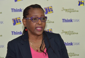 Dean of the Faculty of Workforce Development and Continuing Education at the Montego Bay Community College, Mrs. Karen Gayle, addresses a JIS ‘Think Tank’ in Montego Bay on November 7. 
