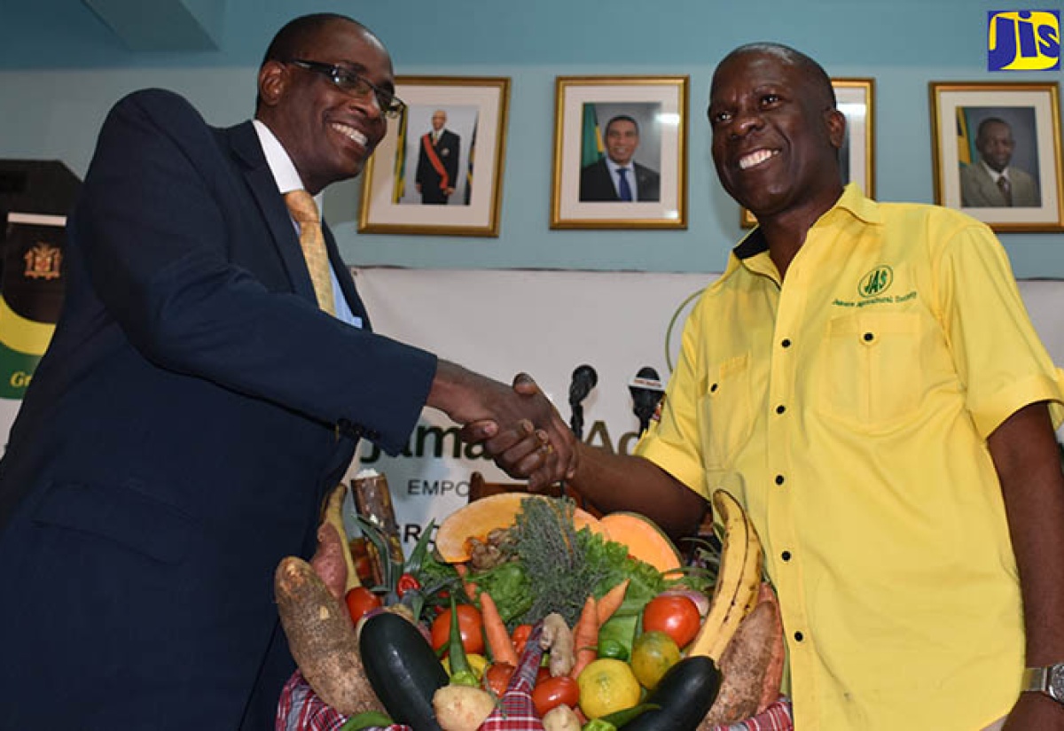 Chief Technical Director in the Ministry of Industry, Commerce, Agriculture and Fisheries, Stephen Wedderburn (left) and President of the Jamaica Agricultural Society (JAS), Norman Grant shake hands during the launch of ‘Eat Jamaican’ Month on November 2 at the JAS head offices in Kingston. The JAS, in collaboration with the Ministry of Agriculture and Fisheries, is celebrating the 13th anniversary of the ‘Eat Jamaican’ campaign under the theme ‘Grow What We Eat, Eat What We Grow’.