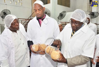 In this file photo, Education, Youth and Information Minister, Senator the Hon. Ruel Reid (right), and Special Advisor, Robert Miller (centre), examine bulla cakes manufactured by Nutrition Products Limited,  during a tour of the entity  on Marcus Garvey Drive in Kingston on January 31. At left is Chief Executive Officer of Nutrition Products, Orville Lewinson.