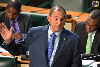 Government Senator, Don Wehby (standing), emphasises a point during Friday’s (July 7) debate on the Law Reform (Zones of Special Operations) (Special Security and Community Development Measures) Act, 2017, during the Senate’s sitting at Gordon House. Others in the background (from left) are: Government Senators, Councillor Delroy Williams, and Charles Sinclair.