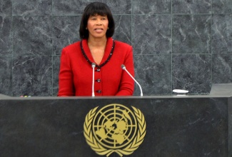 Prime Minister, the Most Hon. Portia Simpson Miller, making her contribution to the general debate of the 68th Session of the United Nations General Assembly in New York on September 28. Mrs. Simpson Miller called for increased investment in developing countries with a focus on job creation, against the background of high levels of global unemployment.